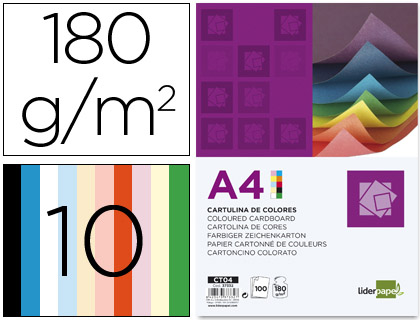 100 hojas cartulina Liderpapel A4 180g/m² 10 colores surtidos